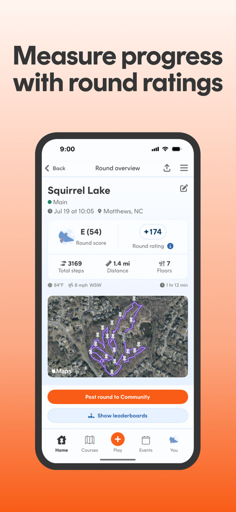 UDisc app screen displaying disc golf round ratings, score, and course map.