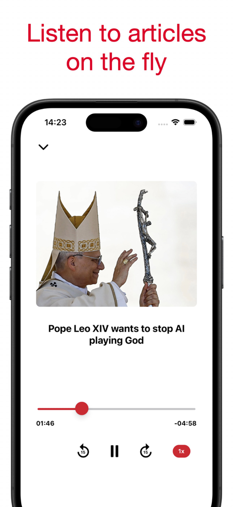 A smartphone showing the audio player interface of the POLITICO Europe Edition app with an article titled Pope Leo XIV wants to stop AI playing God.