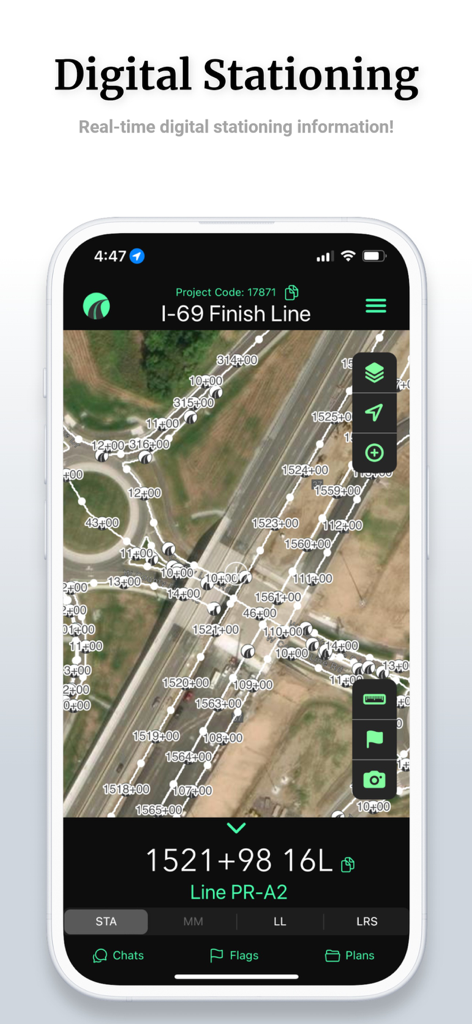 OnStation - Digital Stationing - OnStation mobile app showing digital stationing coordinates on a highway construction map