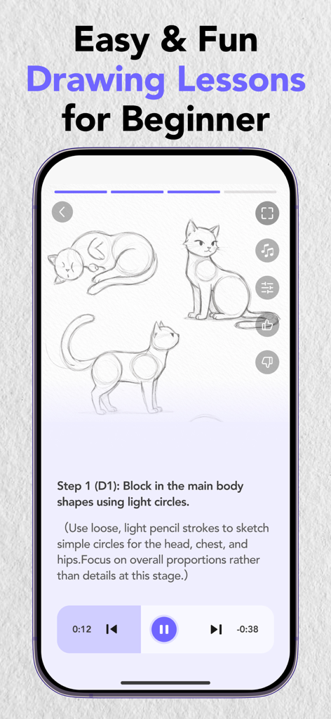ArtCoach - Learn How to Draw - ArtCoach app screen showing a step-by-step cat drawing tutorial for beginners with basic shape instructions