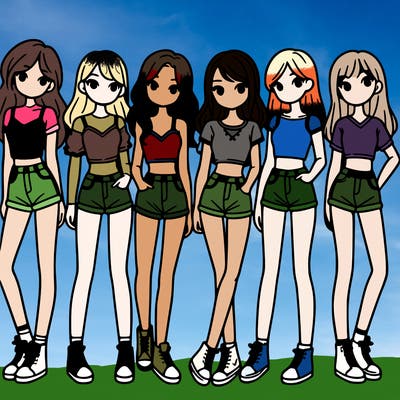 a group of girls wearing crop tops and shorts