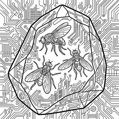 Unearth a fascinating blend of ancient preservation and futuristic tech with our Amber Flies Cyberpunk coloring page. This intricate design invites you to color a world where nature's past meets a high-tech tomorrow.