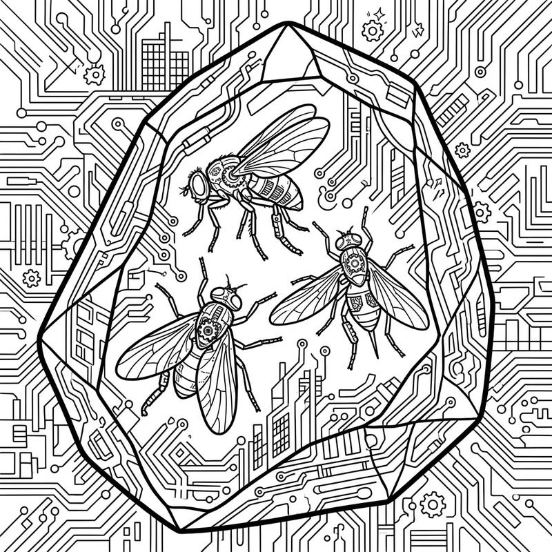 Unearth a fascinating blend of ancient preservation and futuristic tech with our Amber Flies Cyberpunk coloring page. This intricate design invites you to color a world where nature's past meets a high-tech tomorrow.