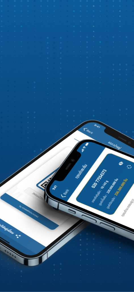 2台のiPhoneに表示されたEASY GOLD by KHAMPHOUVONG金取引アプリのモバイルインターフェース。