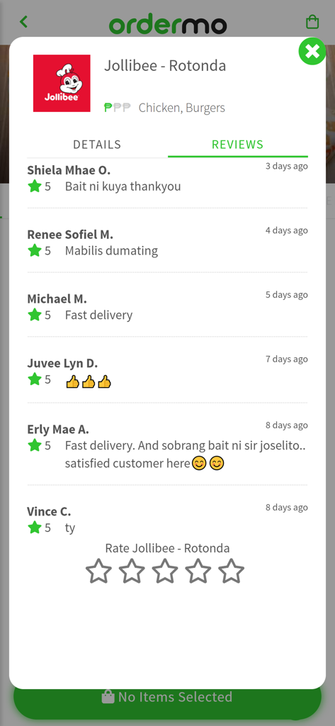 A mobile app interface of Ordermo showing positive 5-star customer reviews and ratings for a Jollibee restaurant in Luzon
