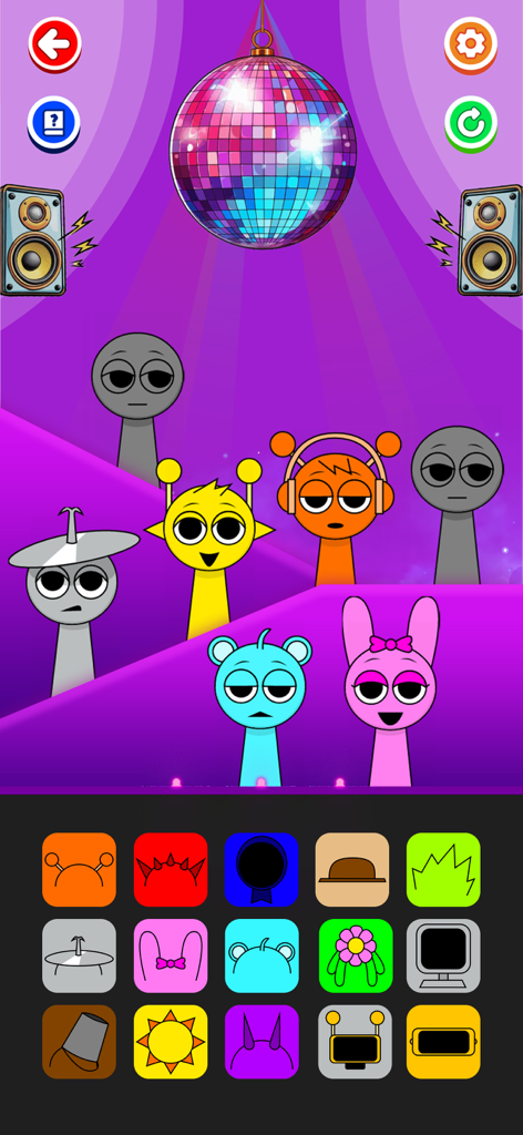 Horror Music Box - Horror Music Box gameplay showing colorful characters on a stage with a disco ball and music creation icons