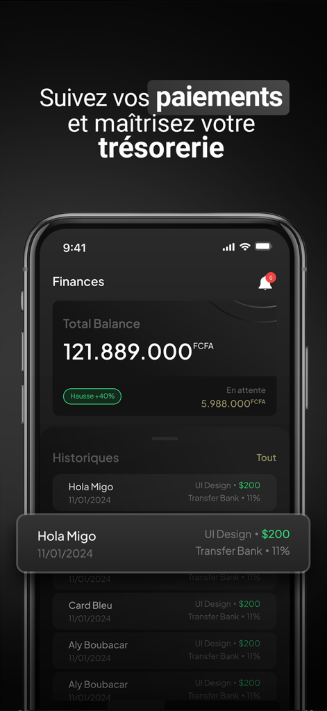 Mobile app dashboard displaying total financial balance and recent transaction history