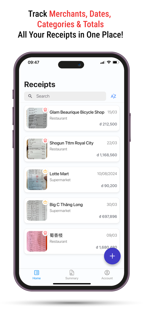 Receipt Pro: AI Scanner - 가맹점 및 카테고리별로 정리된 스캔된 영수증의 디지털 목록을 보여주는 모바일 앱 화면