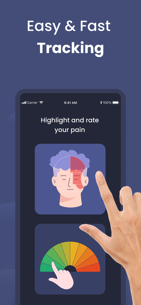 Migraine Buddy: Track Headache - Interfaz de la aplicación móvil que muestra un diagrama de cabeza para resaltar la ubicación del dolor y una escala codificada por colores para calificar la intensidad de la migraña