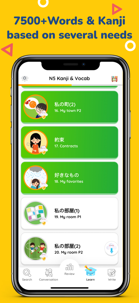 MochiKanji - Learn Japanese - Interfaz de la app móvil MochiKanji que muestra una lista de lecciones de Kanji y vocabulario japonés N5 con lindos personajes e íconos coloridos.
