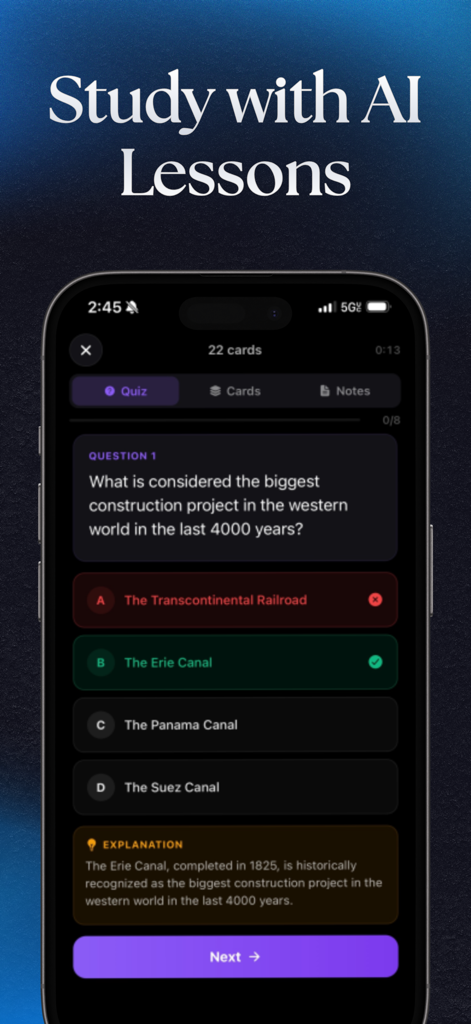 NinjaChat AI - Interfaz de la aplicación móvil NinjaChat AI mostrando un cuestionario de estudio de opción múltiple y una sección de explicación