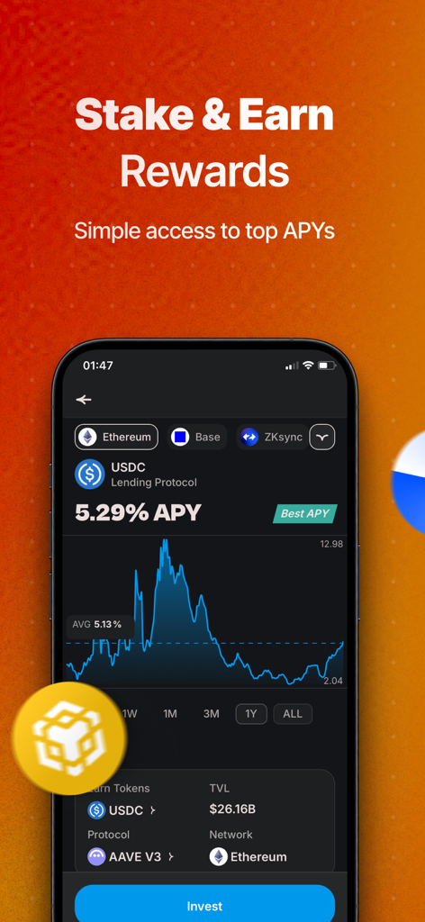 HOT Crypto Walletインターフェース。ステーキング報酬と、USDCレンディングプロトコルに対する高APYを表示しています。