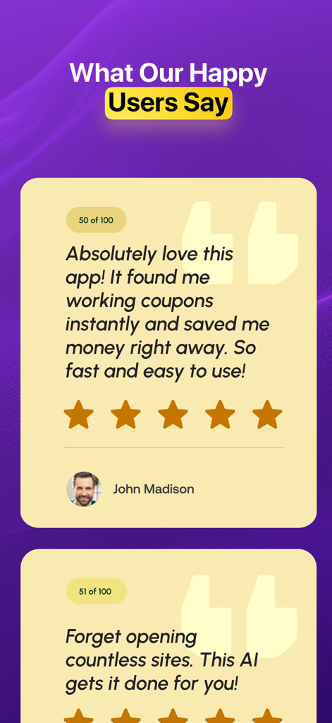 Cash Cart AI Coupon Finder - Reseñas y testimonios de usuarios de cinco estrellas para la aplicación Cash Cart AI Coupon Finder