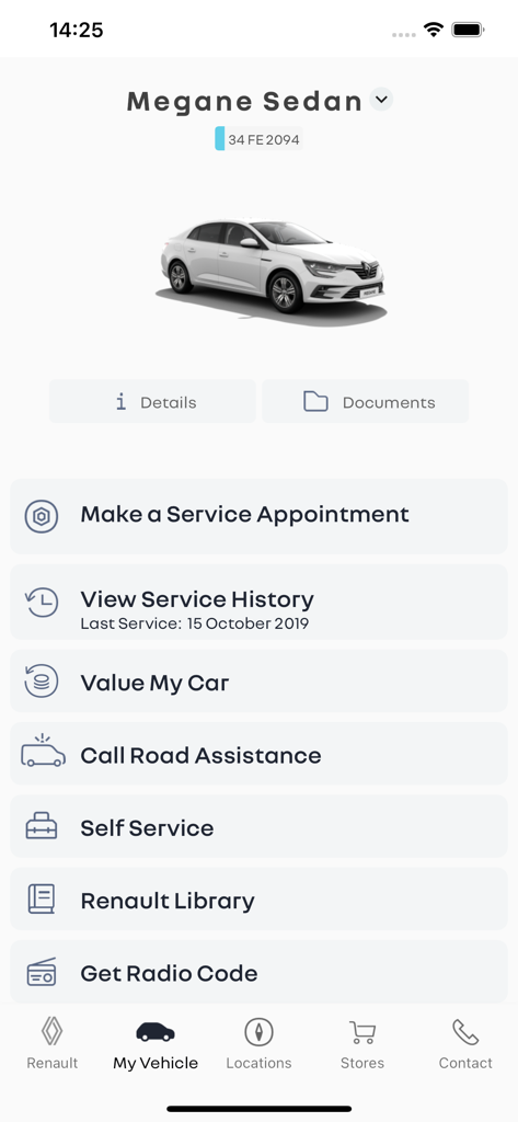Renault PORT mobile app interface showing car details and service options for a Megane Sedan