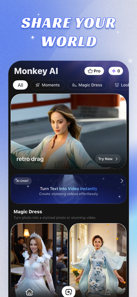 Monkey AI Video Generator - Monkey AI App-Oberfläche mit Werkzeugen zur Videoerstellung und zum Outfit-Wechsel