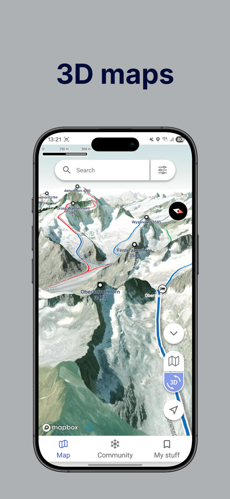 Skida: Alpine Adventures - Skida app interface showing a 3D topographic map for alpine ski touring
