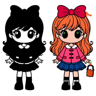 orange hair girl with buttoned shirt and skirt eyes and a bow kid