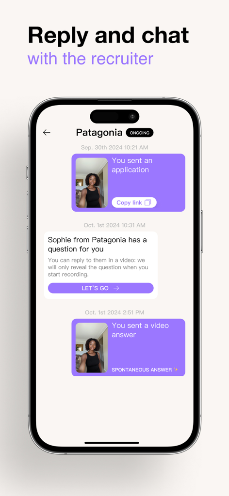 A mobile screen showing the Impress app chat interface where a candidate is replying to a recruiter from Patagonia with video answers