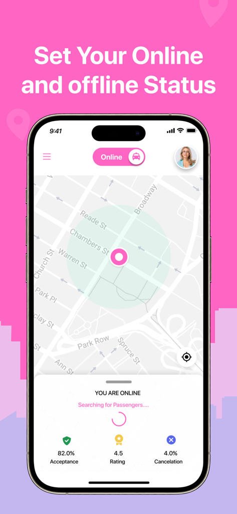 LadyGo Driver - LadyGo Driver mobile app interface showing a map and online status toggle for female drivers