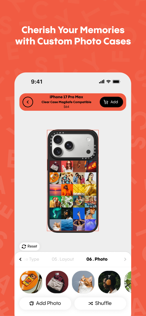 CASETiFY - Interface de conception de coques de téléphone personnalisées avec collage photo dans l'application CASETiFY