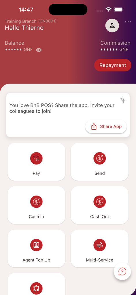 BnB POS - Panel principal de la aplicación BnB POS para agentes minoristas con opciones para pagos de remesas y transacciones en efectivo.