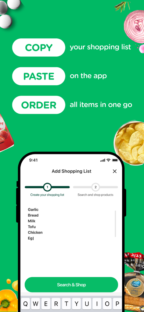 elGrocer app screen showing how to copy and paste a shopping list to order groceries quickly