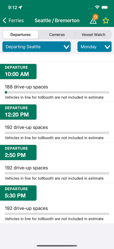 WSDOT - Pantalla de la aplicación WSDOT que muestra los horarios de salida de los ferris y los espacios disponibles para automóviles en la ruta de Seattle a Bremerton.