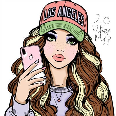 realistic beautiful girl wearing los ángeles cap holding an iphone