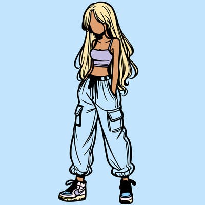 girl in baggy pants crop top and long hair
