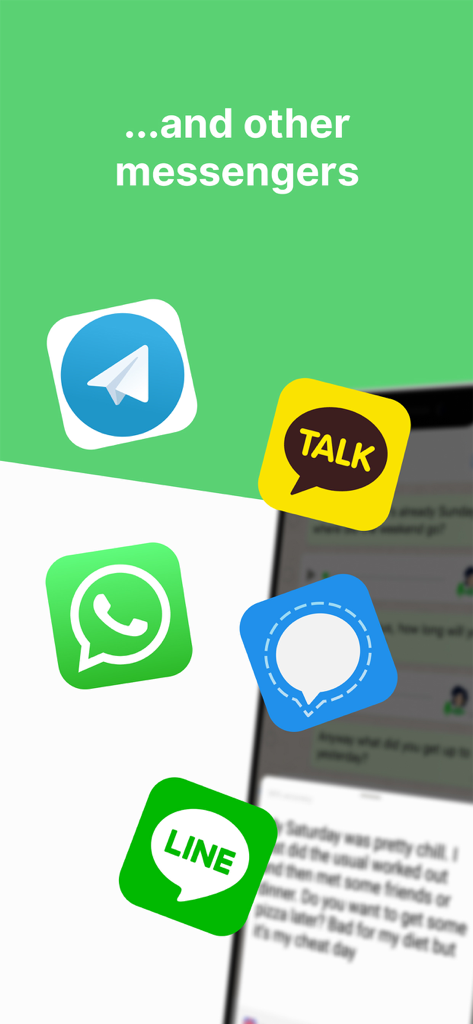 Voicepop - Turn Voice To Text - Icons of supported messaging platforms including Telegram WhatsApp Signal KakaoTalk and LINE