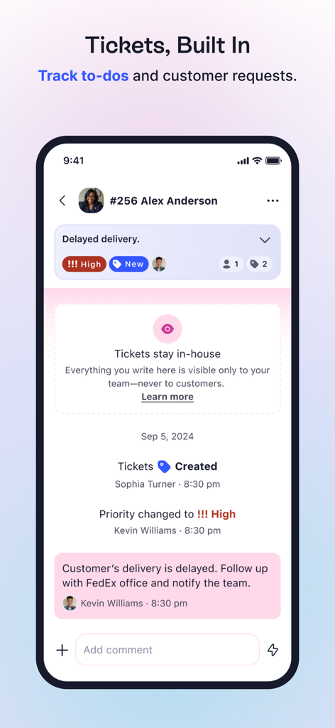 LinkedPhone—Pro Business Line - LinkedPhone app interface showing built-in ticket tracking for customer requests with priority levels and team comments