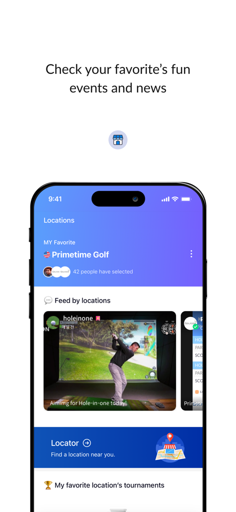Interface of the GOLFZON Global app displaying favorite venue news and a social feed of golf swing videos from simulator locations.