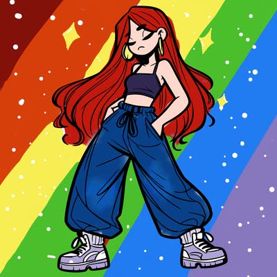 girl in baggy pants crop top and long hair