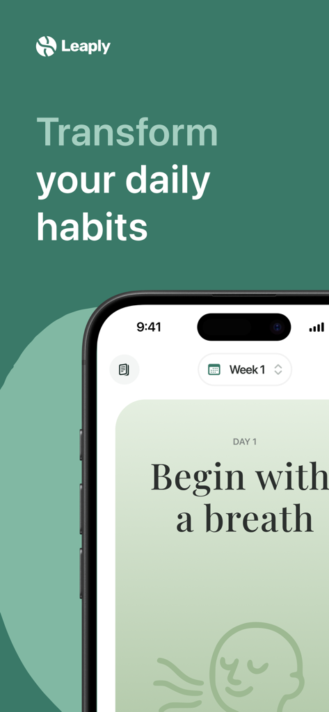 The Leaply app home screen displaying a mindfulness breathing exercise and the slogan transform your daily habits.