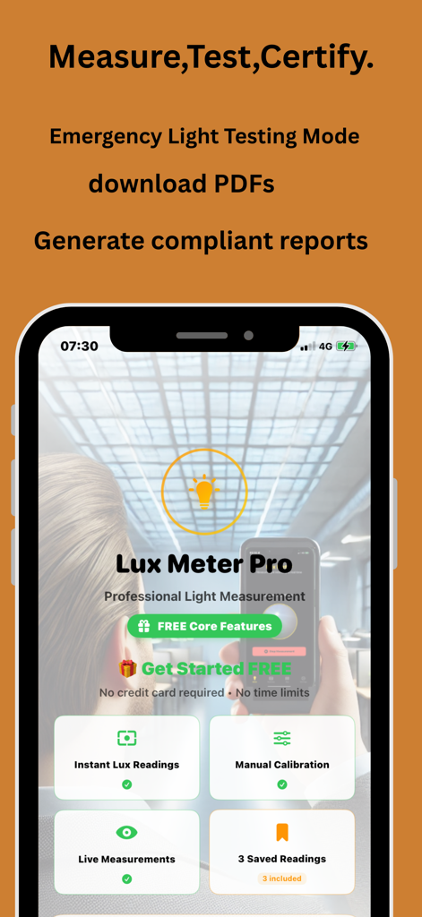 Lux Meter Pros - 조명 측정 및 규정 준수 보고서를 위한 Lux Meter Pros 앱의 모바일 인터페이스