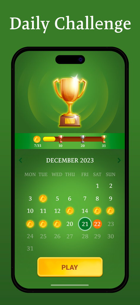 Daily challenge screen in Solitaire showing a trophy and monthly progress calendar