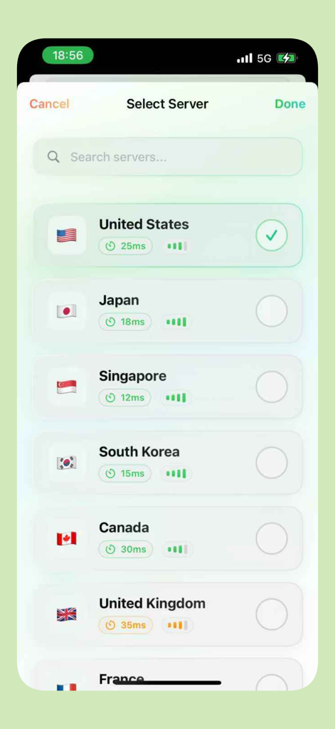 Server selection screen in VPN Cat 2026 displaying a list of global server locations with latency and signal strength