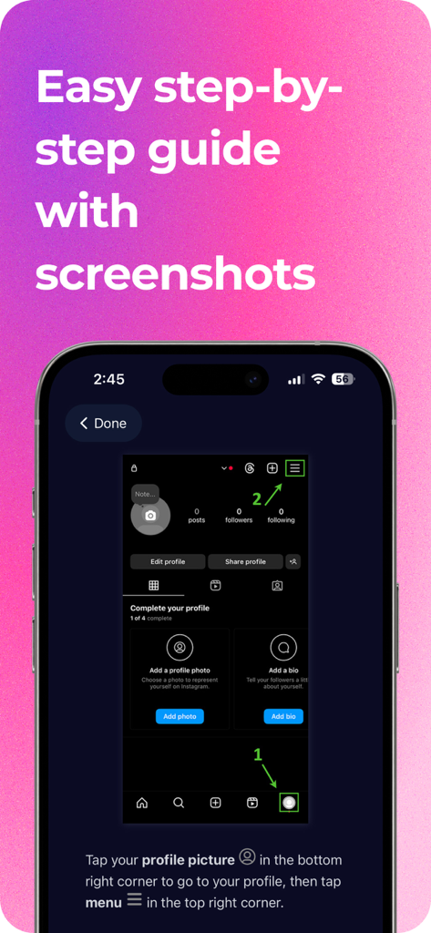 Follower Tracker: Nonfollowers - Mobile app screenshot showing an easy step by step guide with screenshots to export Instagram data safely.