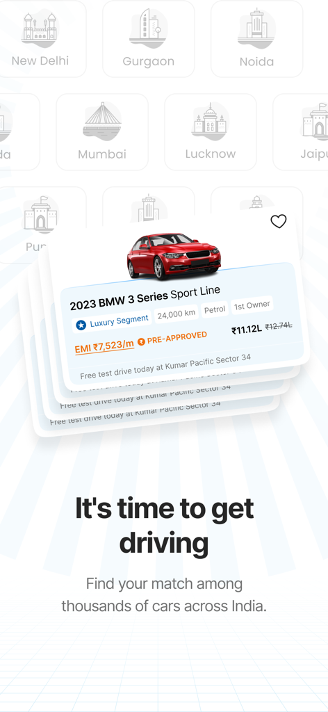 CARS24 app interface showing a 2023 BMW 3 Series used car listing with price and EMI details