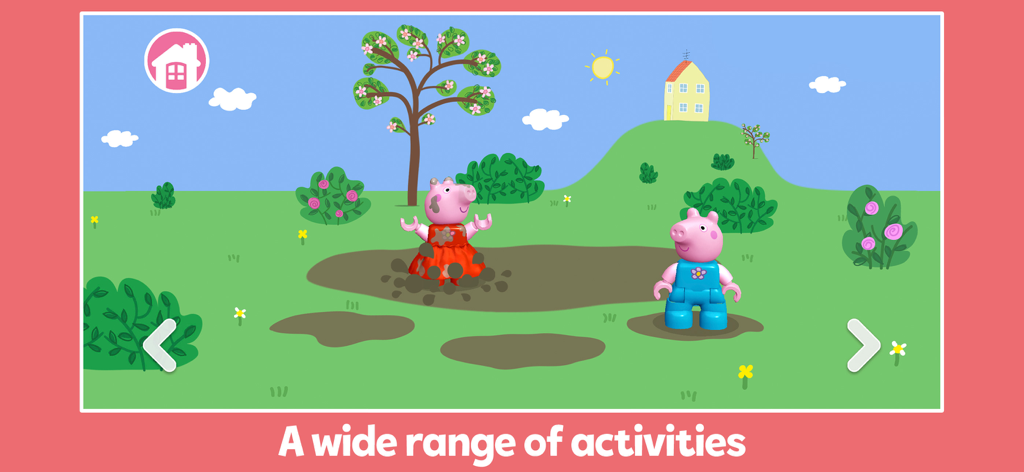 Personajes de Peppa Pig y George de LEGO DUPLO saltando en charcos de lodo en un paisaje verde