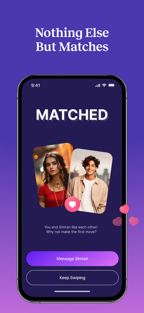 Vinita - South Asian Dating - A match screen on the Vinita South Asian dating app showing two profiles of people who liked each other