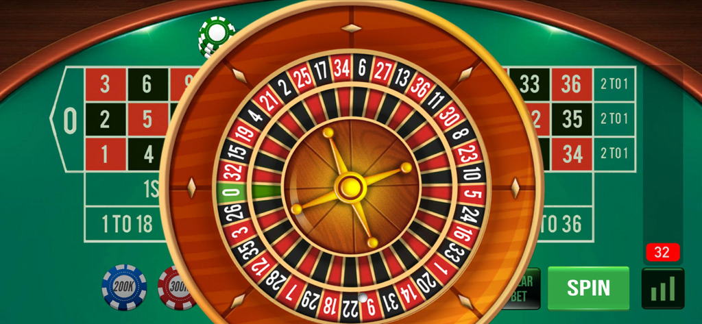 Roulette Vegas - Casino Games - Roulette wheel and green betting table interface in the Roulette Vegas mobile app