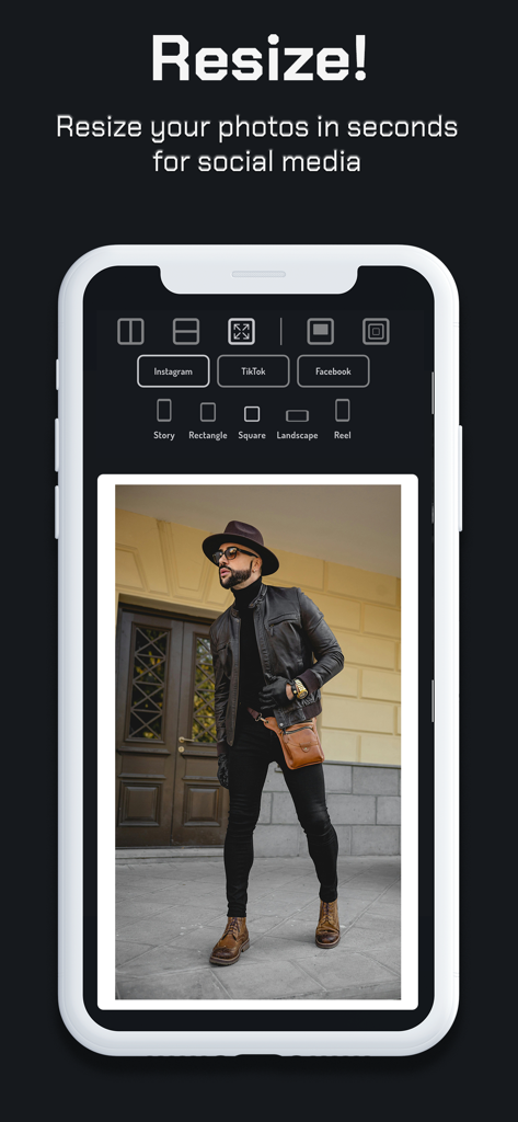 WhiteGram app interface showing options to resize photos for Instagram TikTok and Facebook with custom borders