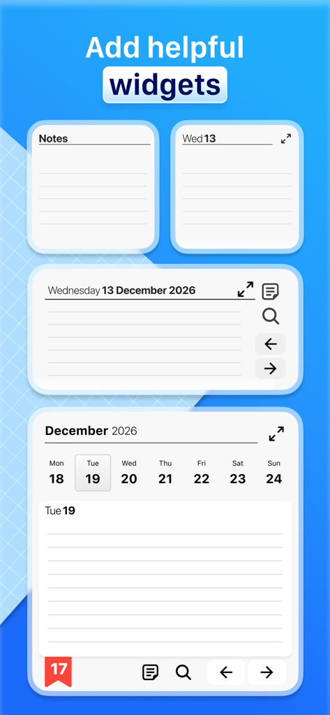 Digital diary and calendar widgets with a clean paper like design
