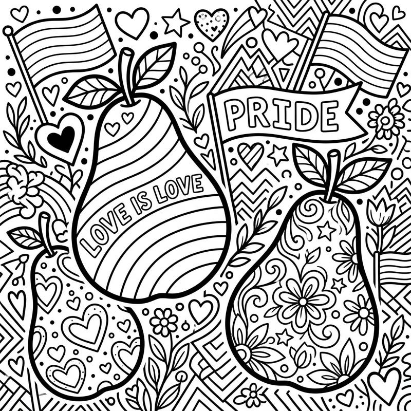 Immerse yourself in a world of bold lines and vibrant messages with this unique Pop Art Pears coloring page, designed to celebrate Pride Month. Featuring "Love is Love" alongside playful patterns and symbolic flags, it's a joyful tribute to diversity and acceptance.