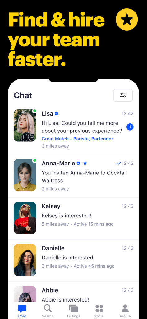 The JOB TODAY app chat interface showing an employer messaging multiple job candidates with proximity details for fast hiring.
