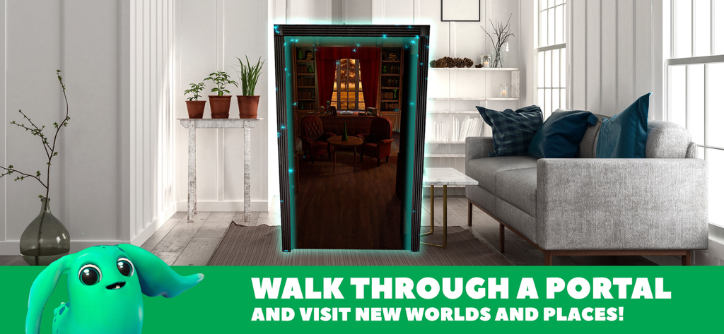 An augmented reality portal appearing in a modern living room allowing users to visit new virtual worlds
