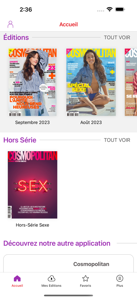 Home screen of the Cosmopolitan France magazine app showing digital editions