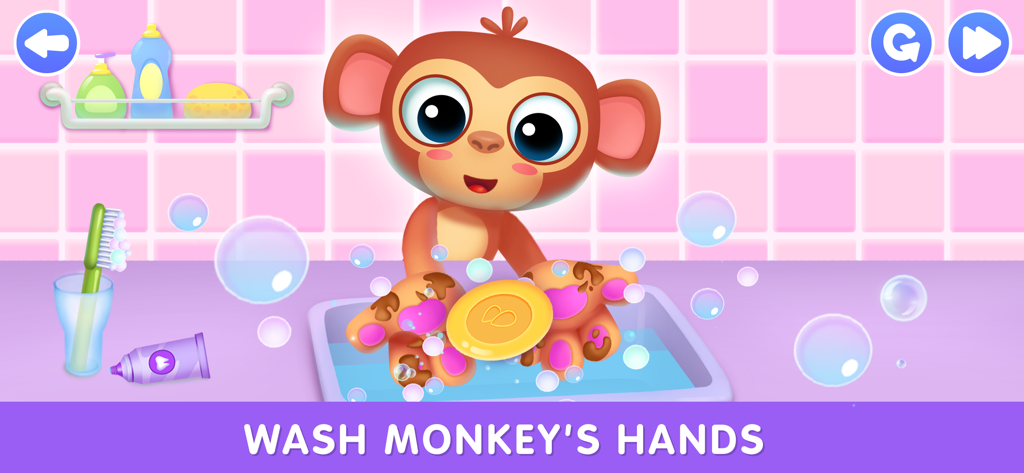 Pet care games for kids 2 5 - Un mono de dibujos animados lavándose las manos sucias con jabón y burbujas en una colorida escena de baño.