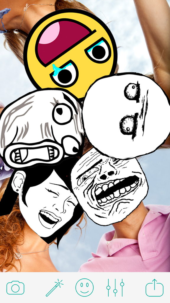 A group photo with various troll face and rage comic stickers placed over the people faces